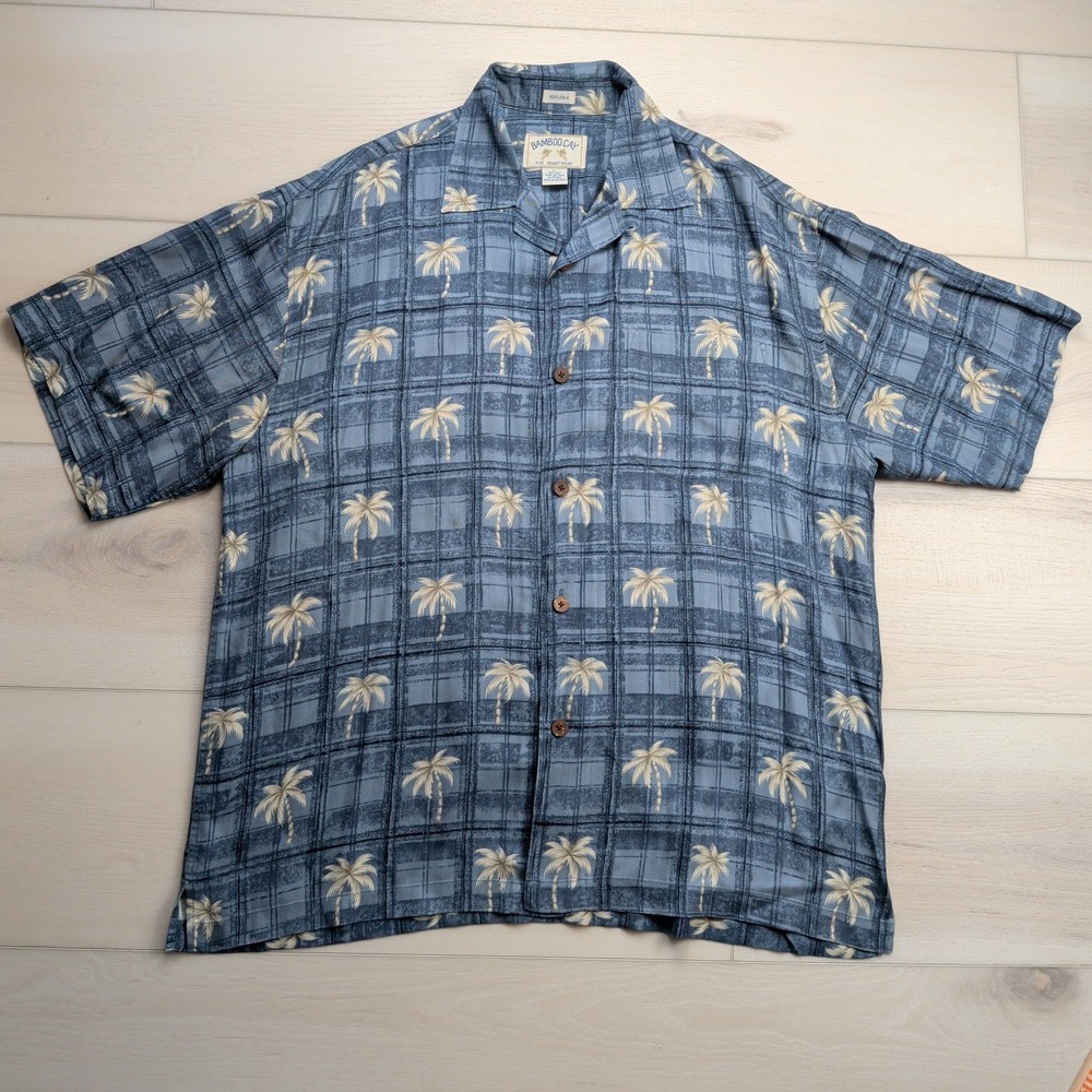 Bamboo Cay Shirt Mens L Silk Blue Plaid Palm‎ Trees Hawaiian Camp Loop Collar
